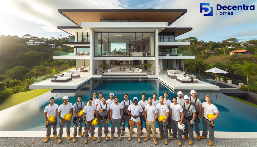 decentra homes custom home builder in costa rica group photo infront of a house in Flamingo