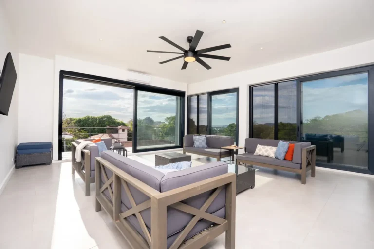 Bright living room with outdoor-style sofas and wraparound black-framed windows.