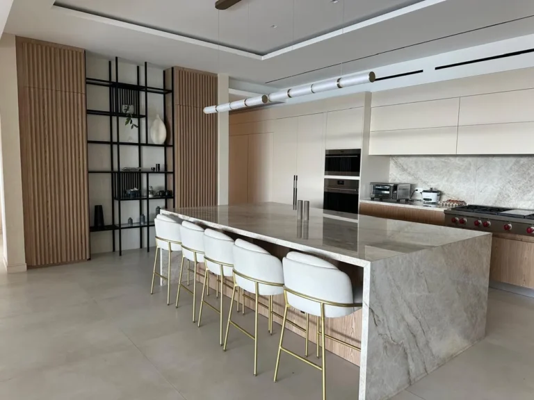 Kitchen and steel display shelving in a renovated Escazú home