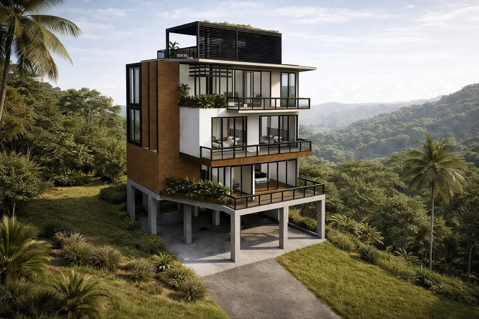 Four-level hillside home design stepping up a jungle slope