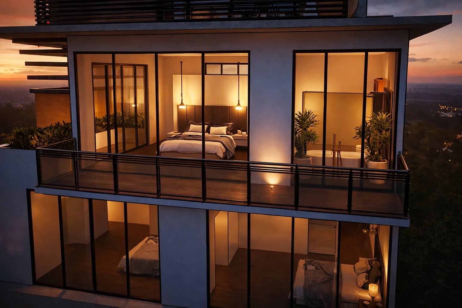 Night render of a hillside home design by our architect