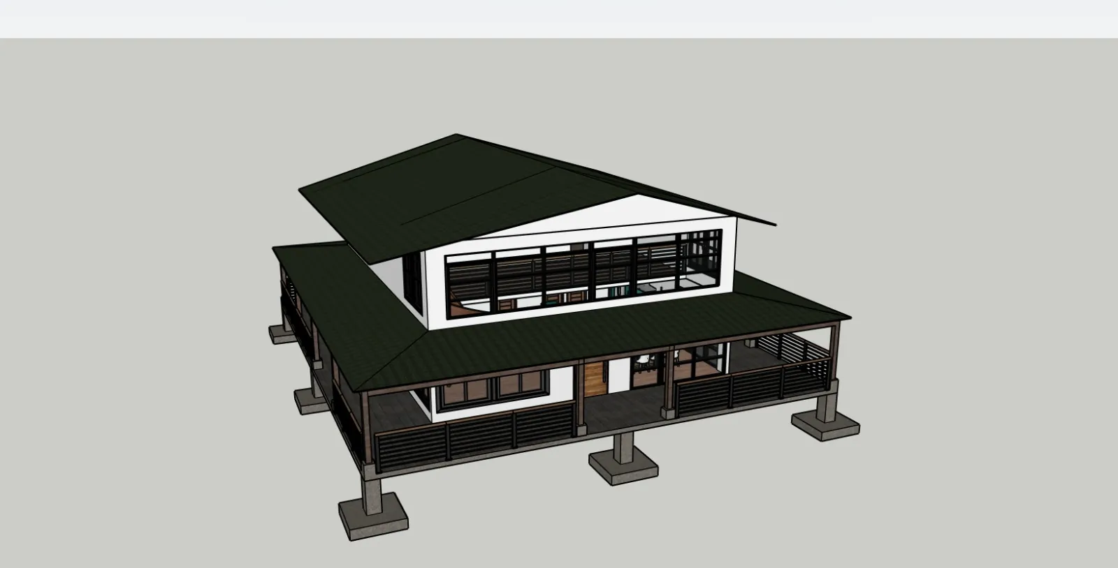 Early 3D model of a raised tropical home on concrete piers