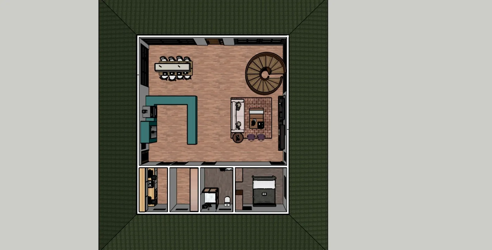 Furnished floor plan of the same home, seen from above