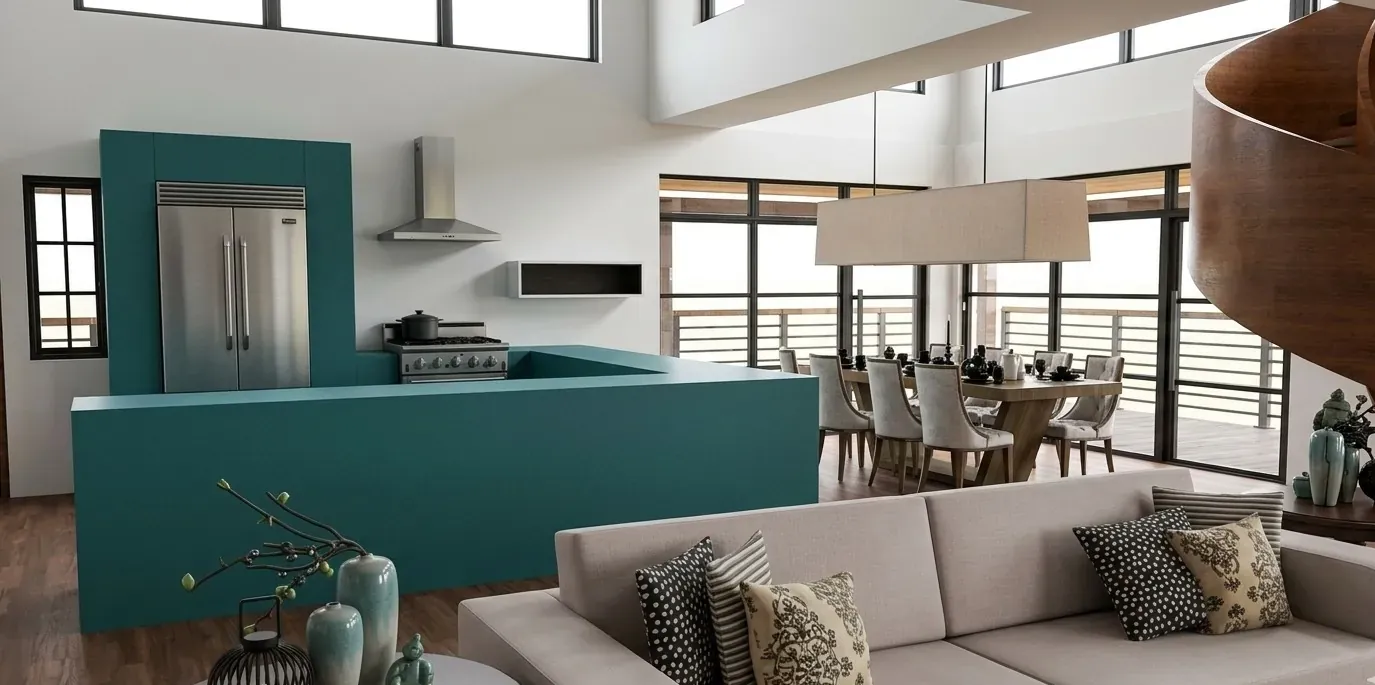 Photorealistic render of the open kitchen and living room of the same home