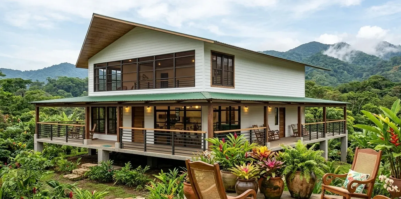 Two-story tropical home with a deep wraparound veranda among jungle plants