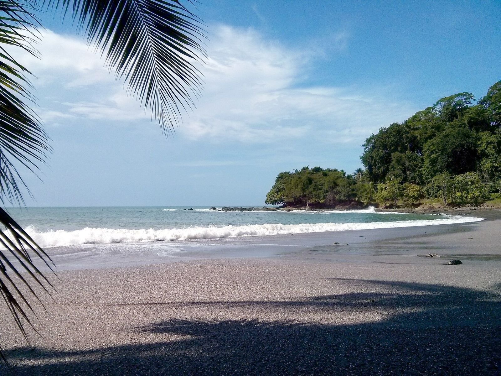 Palm-framed beach and forested point at Montezuma, Costa Rica.