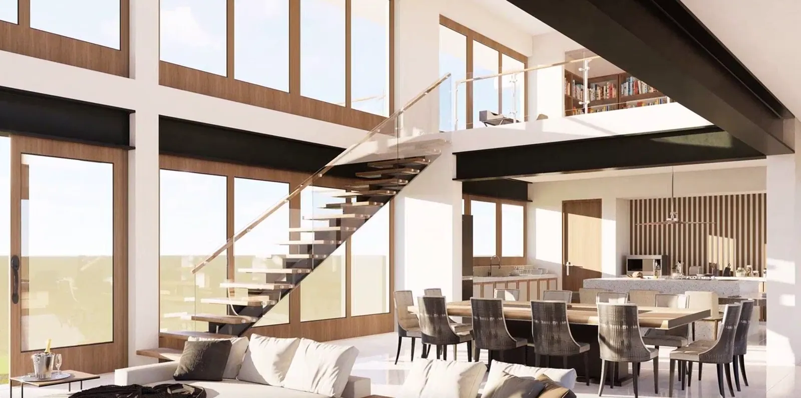 Double-height great room with an open stair and tall windows
