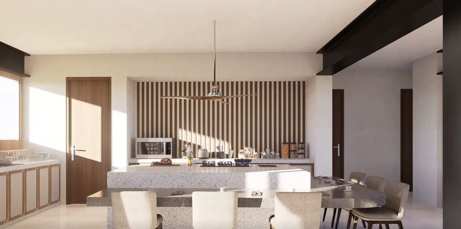 Kitchen with a central island and a wood slat wall