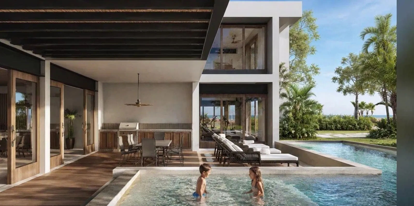 Covered terrace and pool of the Nosara residence design