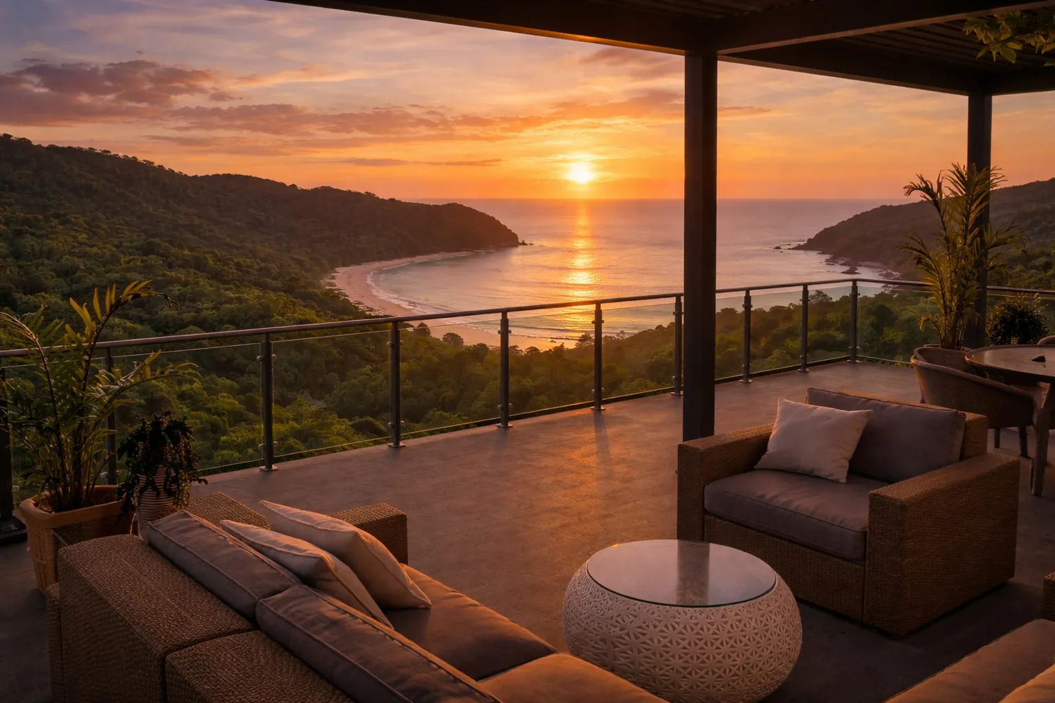Covered terrace of the hillside ocean-view home design, with a deep overhang facing a bay at sunset