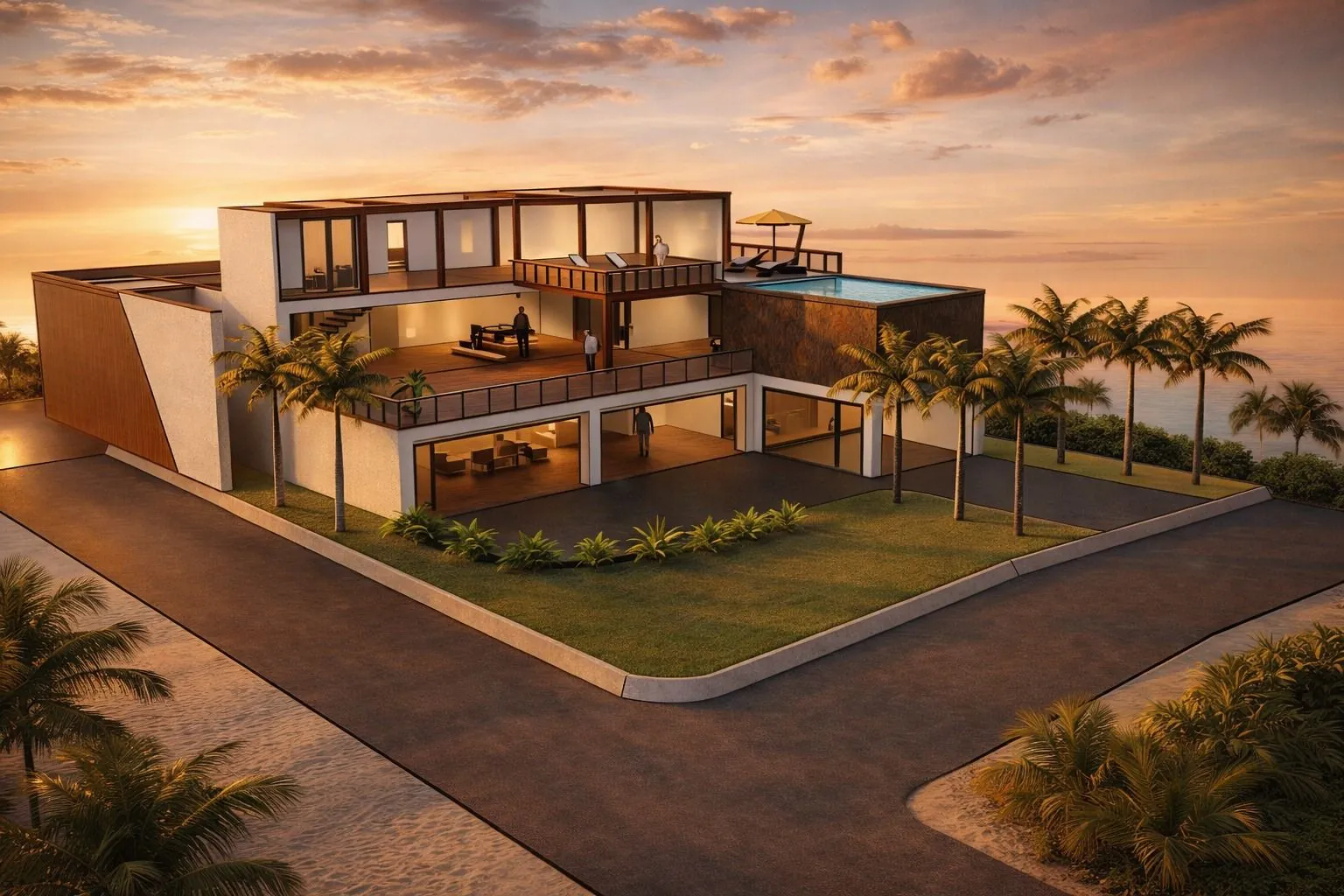 Modern oceanfront villa with an infinity pool and roof terrace at sunset