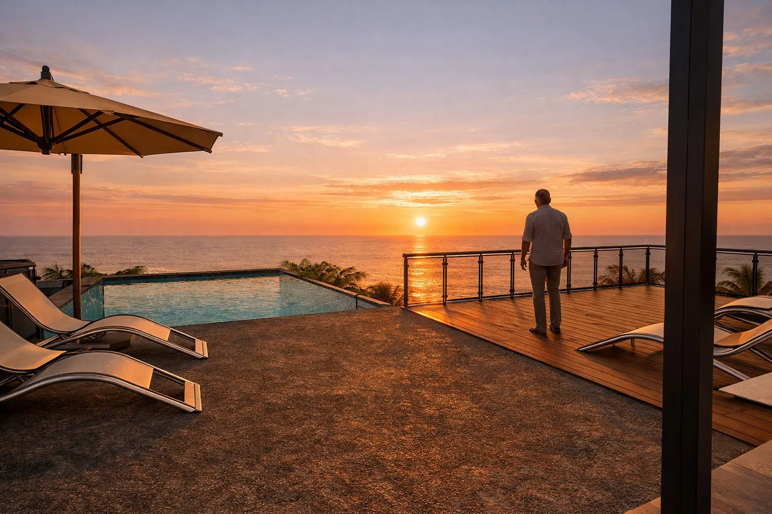 Design for an oceanfront villa with an infinity pool deck facing the Pacific at sunset