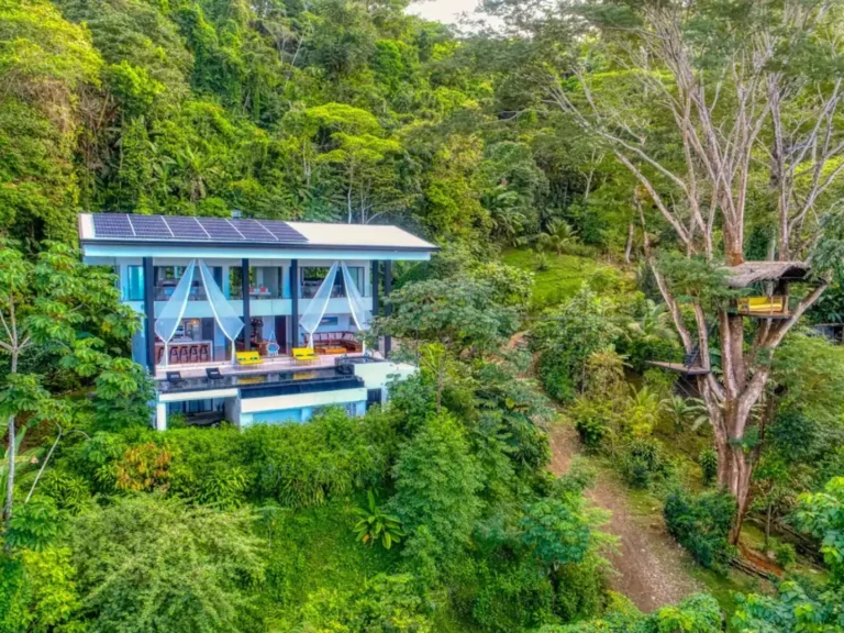 Aerial view of the Uvita house tucked into dense green rainforest.