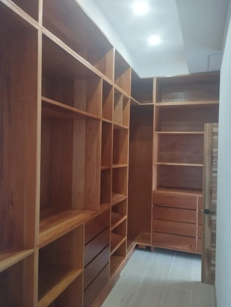 Walk-in closet with built-in wood shelving